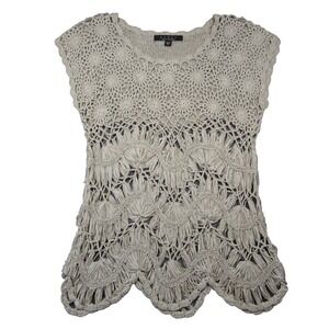 Fever Hand Crocheted Top L Beige Pullover Open Knit Sheer Boho Beach Chic‎ Y2K